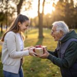 A kind young woman with a gentle smile is handing a small wrapped gift box to an elderly man with gray hair and glasses. They are standing outside in a park during the golden hour, surrounded by trees and soft sunlight. The woman wears casual modern clothes, and the man looks surprised and touched. The atmosphere is warm, emotional, and peaceful. Focus on their hands touching as the gift is passed, capturing a moment of connection