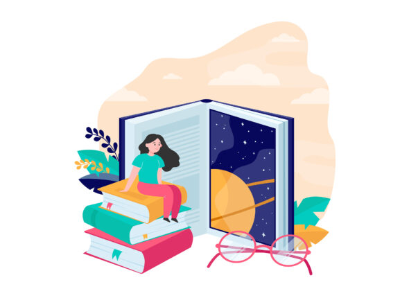 Tiny woman sitting on huge book flat vector illustration