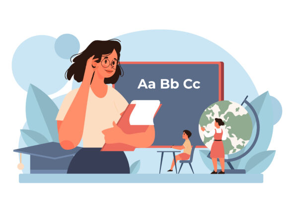 Teacher concept. Profesor standing in front of the blackboard.